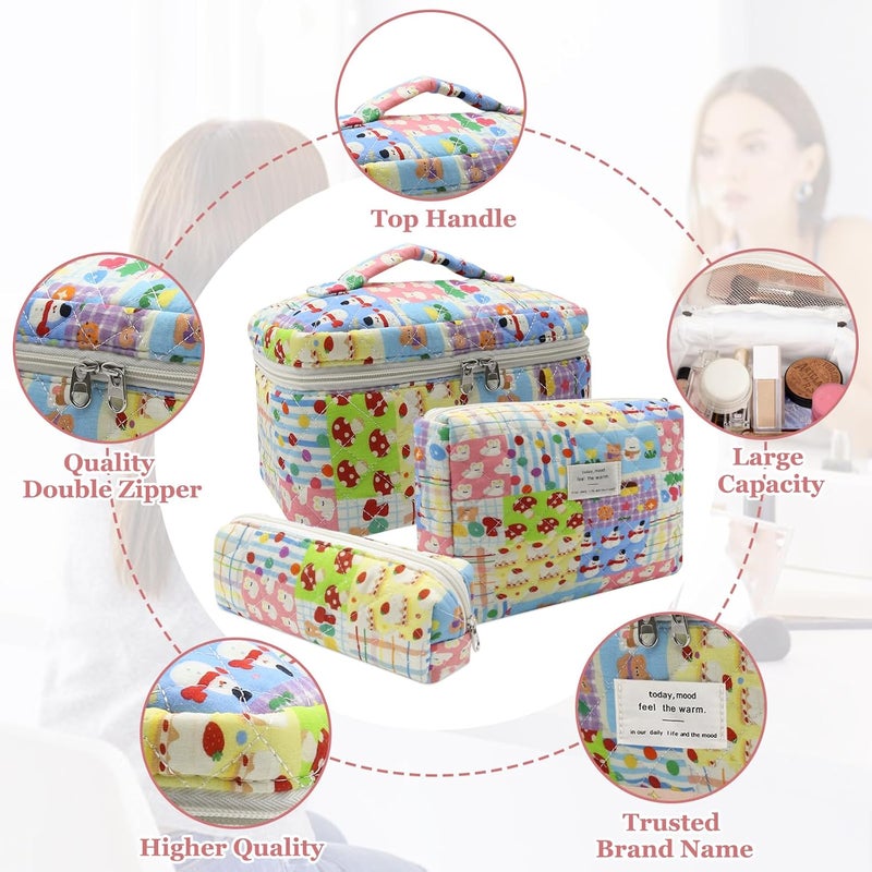 Gosect 3pc Makeup Bag Set, Quilted Makeup Bag Set, Large Floral Cosmetic Bag for Women, Cute Cotton Makeup Bags, Flower Travel Toiletry Organizer Bag (Cartoon Park Print) - Image 3